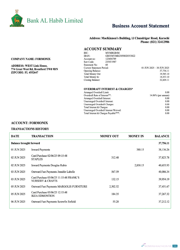 Download Pakistan Bank Al Habib enterprise statement Word and PDF template Photoshop template